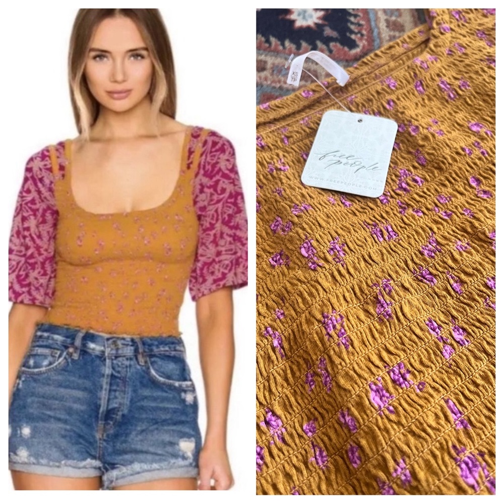 NWT Free people Mustard Pink Smocked Crop Fitted floral XS